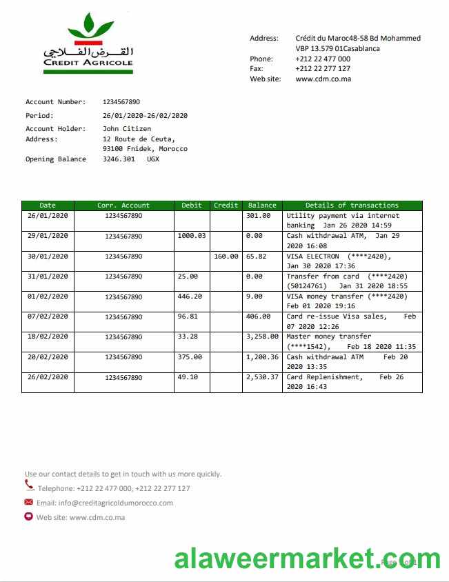 Morocco Credit Agricole bank statement template in Word and PDF format, good for address prove